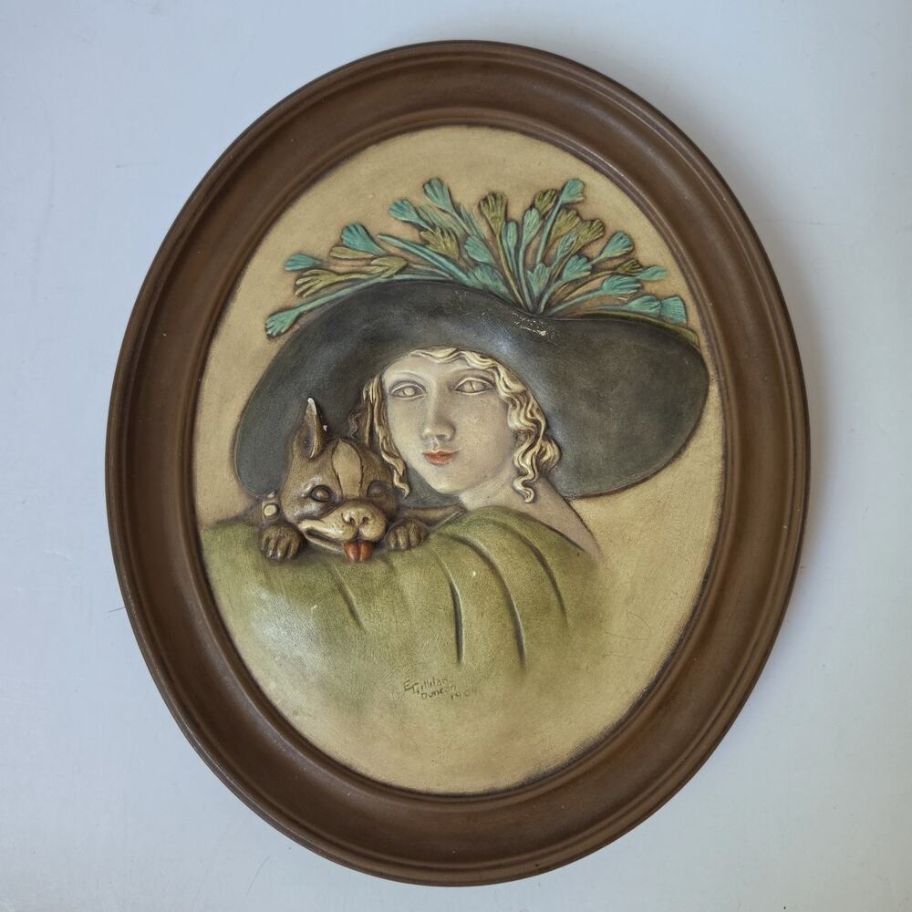 Erma Gilliland Duncan Ceramic Plaque Chalkware Pastel Lady 1909 Bulldog Pup 1975